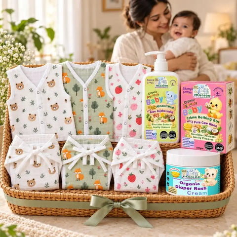 Daily Care Newborn Gift Hamper – Almond Wash, Neem Soap, Rash Cream & Muslin Clothes