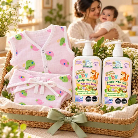 Maaiee Snehika Baby Gift Hamper - Cow Ghee Hair Oils, Jabla & Nappy