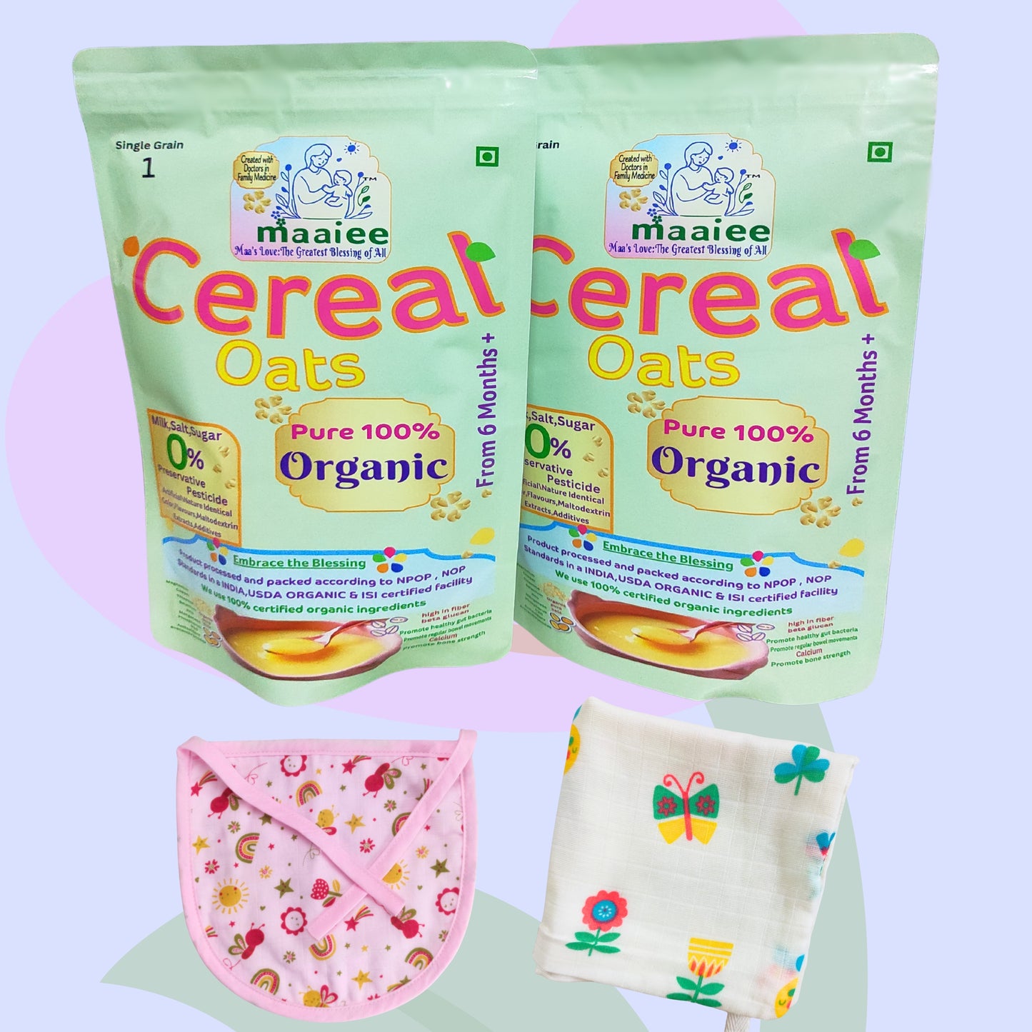 Organic Oats Cereal (Pack of 2)+ 1 Muslin Wipe+ 1 Organic Bib