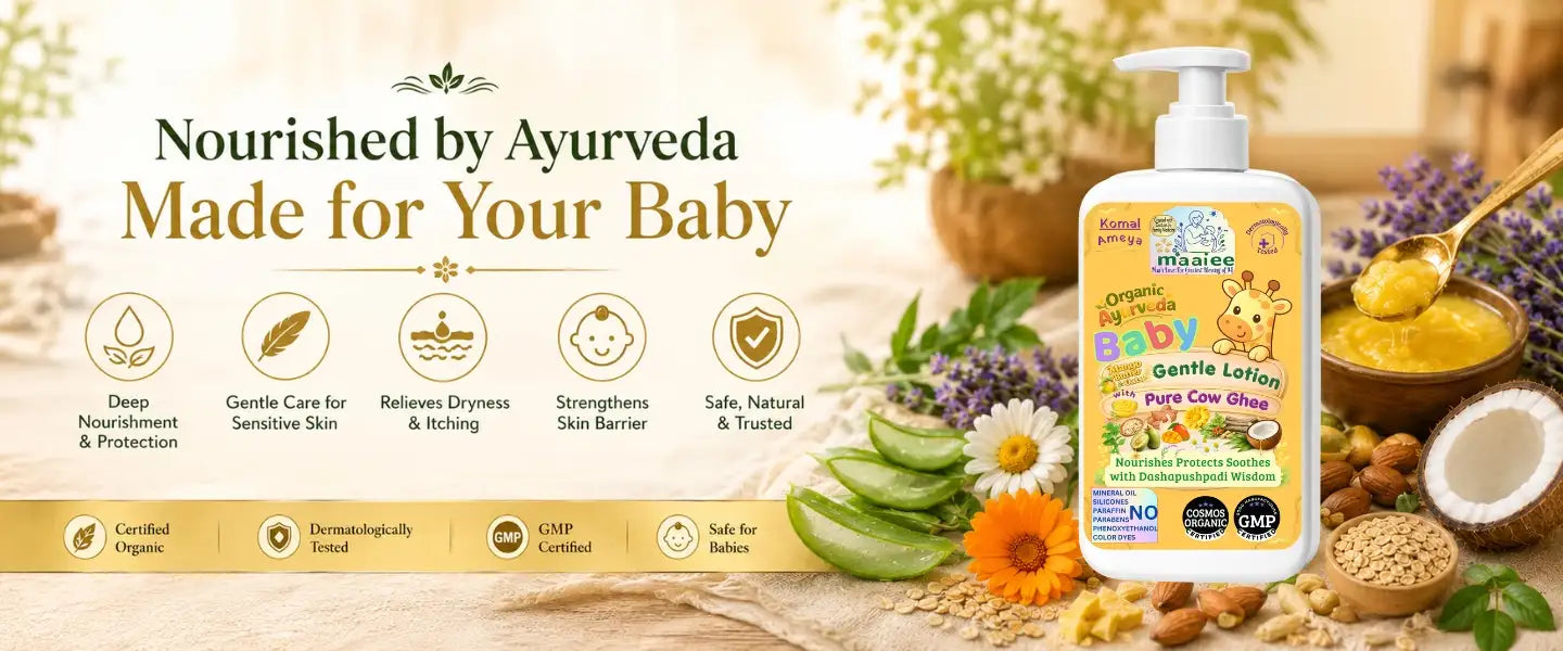 Maaiee baby care set featuring Komal Ameya lotion and a hooded towel