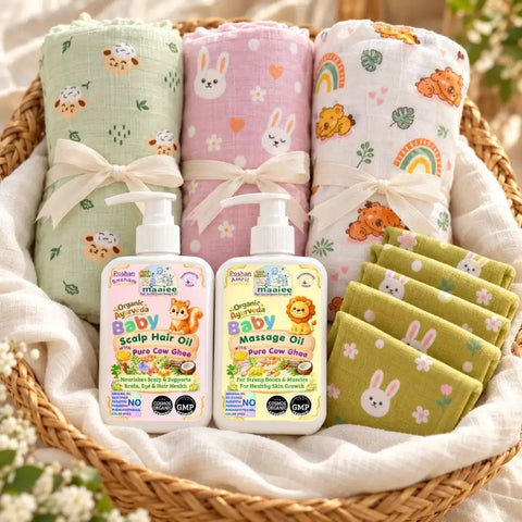 Shishu Abhyanga Newborn Gift Pack – Cow Ghee Dashapushpadi Oil, Swaddles & Wipes