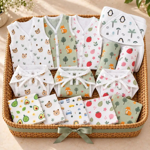 Nanhe Kadam Newborn Essentials Gift Set – Muslin Jabla, Nappy, Swaddle & Towel