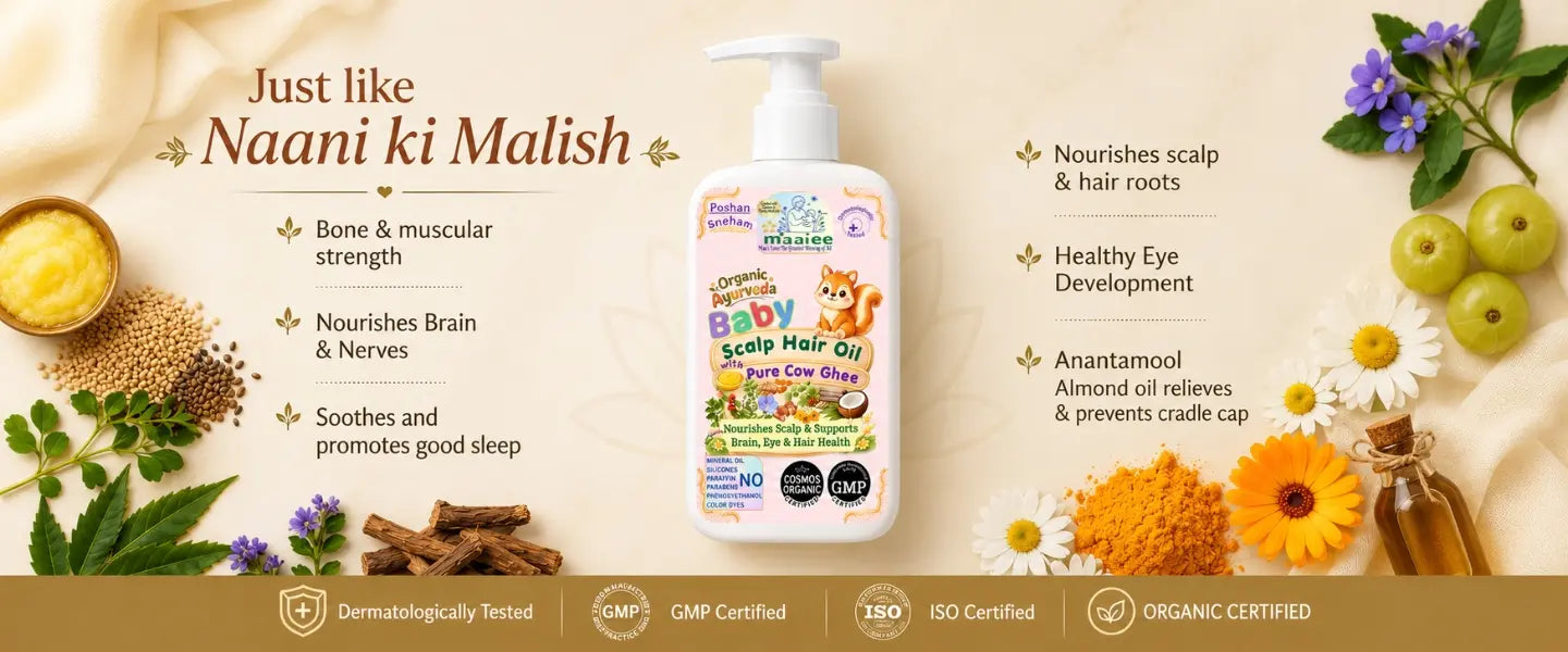 Nourishing baby hair oil enriched with traditional Ayurvedic ingredients to relieve cradle cap.