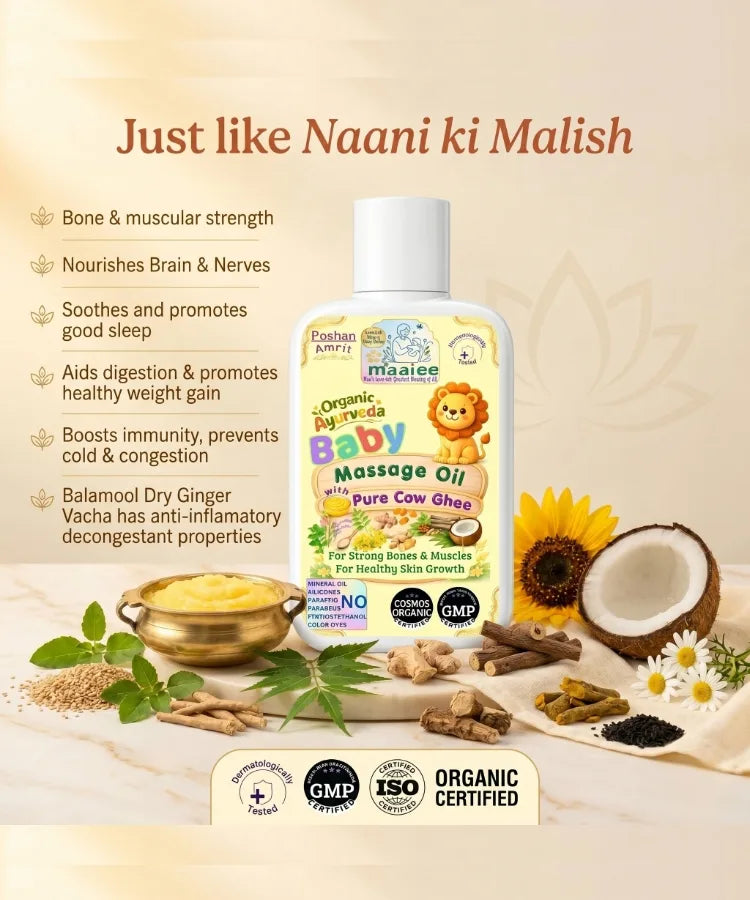 Ayurvedic baby massage oil enriched with cow ghee and nourishing oils to relieve cradle cap.