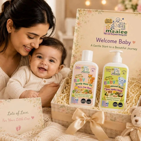 Maaiee Baby Hair & Scalp Care Duo with cow ghee baby hair oil, cradle cap support and gentle cleansing care