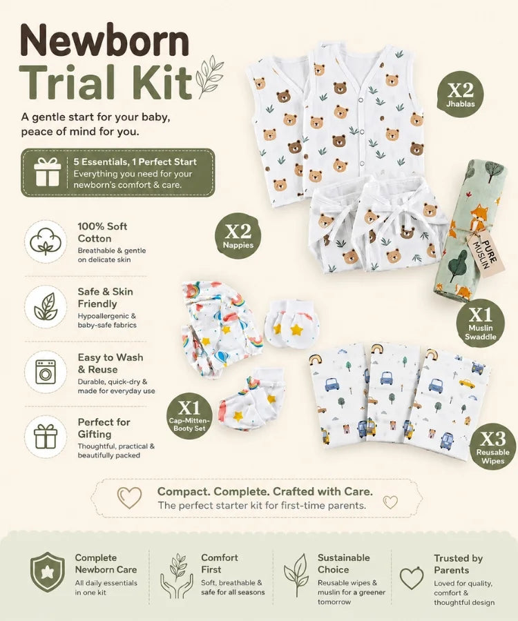 9-piece newborn starter kit featuring muslin jablas, cloth nappies, muslin swaddle, cap-mitten-booty set and reusable wipes.