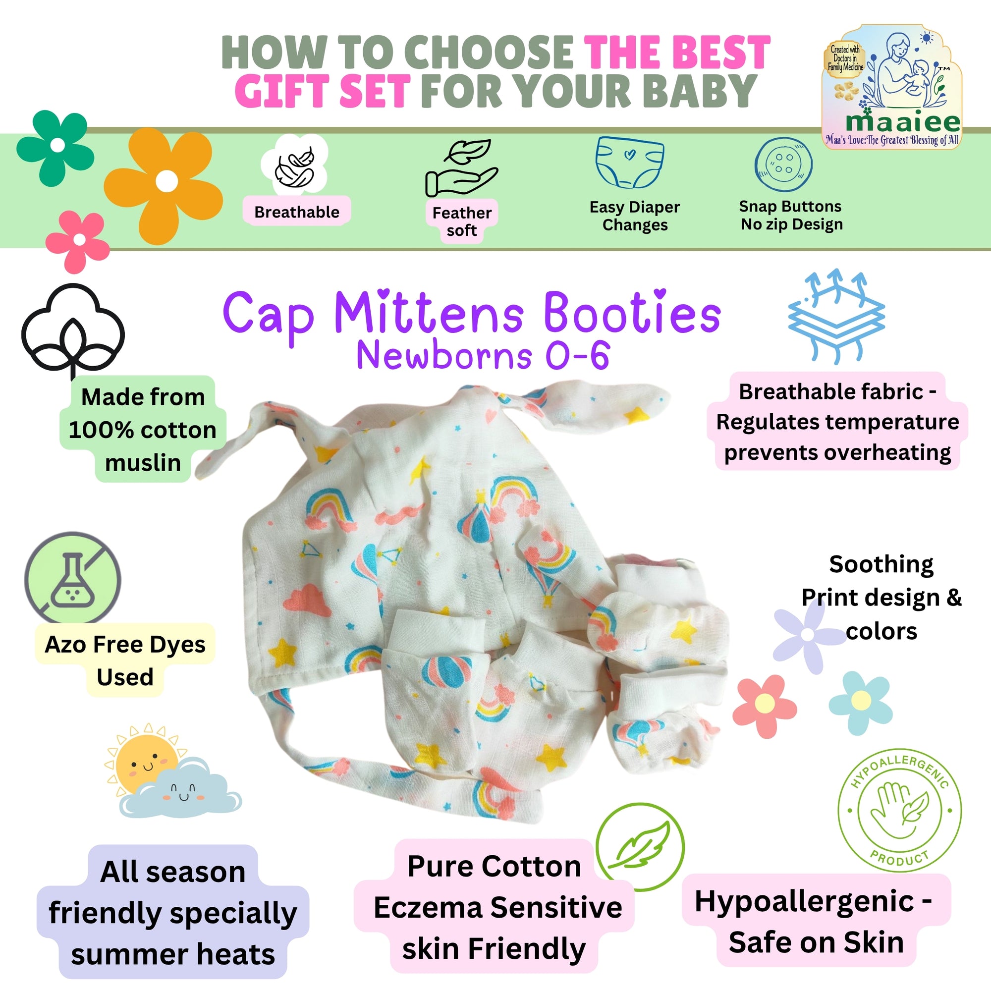 Muslin Cotton Baby Cap, Mittens, Booties