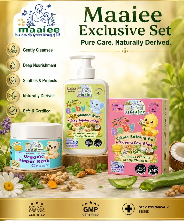 Maaiee newborn care set with head-to-toe wash, baby soap, diaper cream, jabalas and muslin nappies