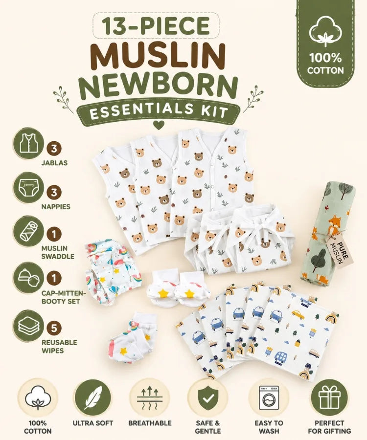Maaiee newborn starter set with muslin jablas, cloth nappies, swaddle, cap-mitten-booty set and reusable wipes.