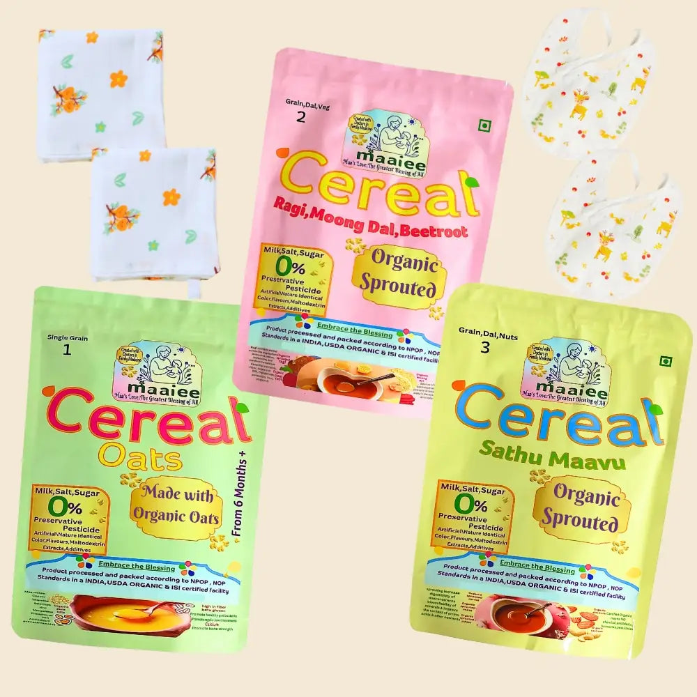 Organic Sprout Cereals [Saver Pack Of 3] – [Oats], [Ragi, Moong Dal & Beetroot], [Sathu Maavu]+ 2 Muslin Wipe + 2 Organic Bib