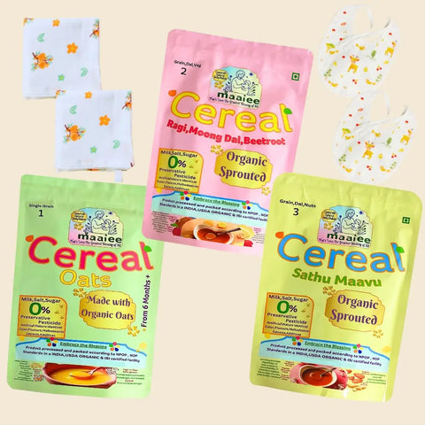 Organic Sprout Cereals [Saver Pack Of 3] – [Oats], [Ragi, Moong Dal & Beetroot], [Sathu Maavu]+ 2 Muslin Wipe + 2 Organic Bib