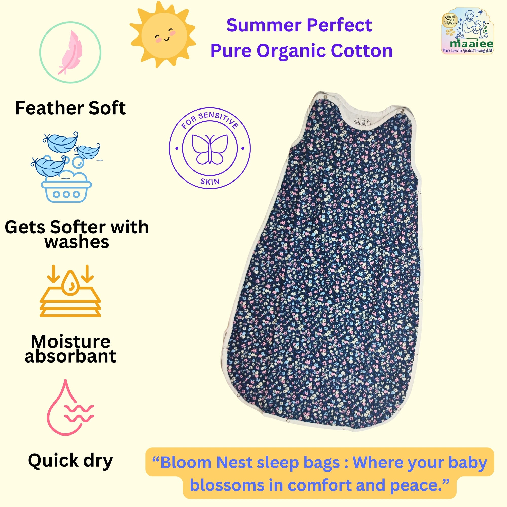 MAAIEE Organic Baby Sleep Bag | Breathable Wearable Blanket [FloralNavy]