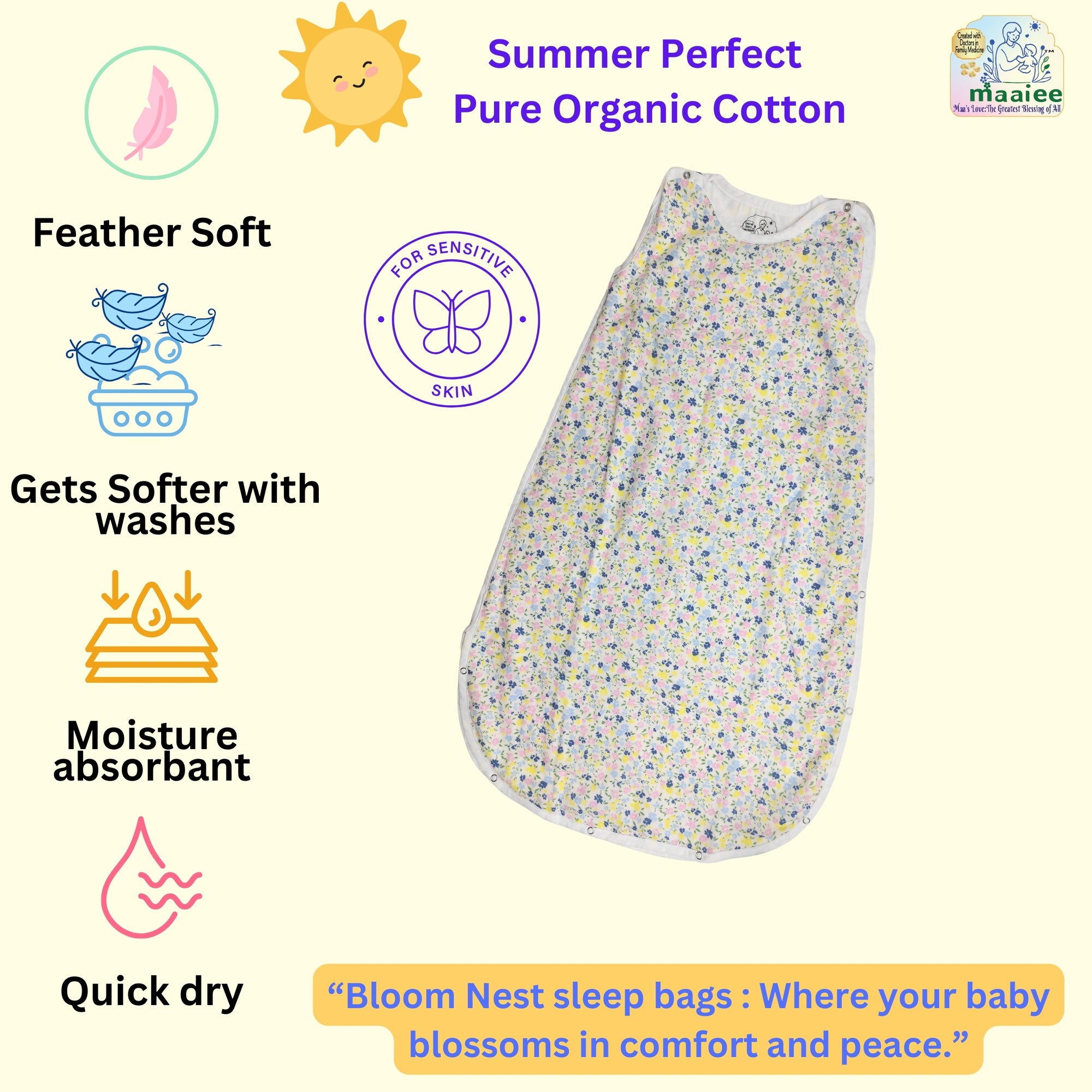 MAAIEE Organic Baby Sleep Bag | Breathable Wearable Blanket [SkyBloom]