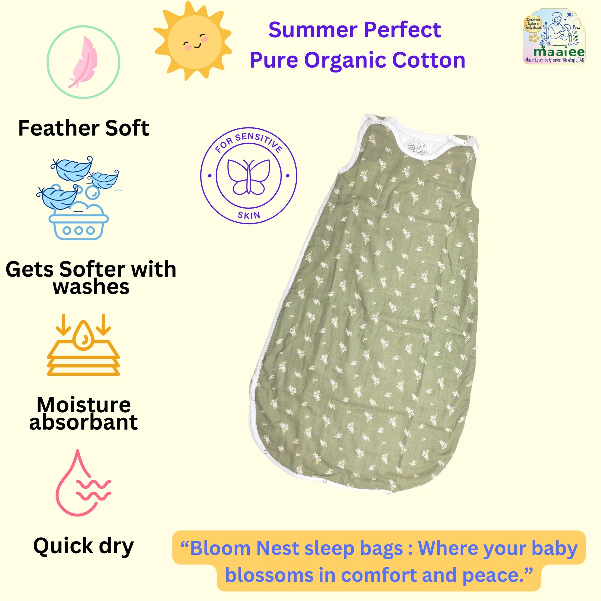 MAAIEE Organic Baby Sleep Bag | Breathable Wearable Blanket [GreenJasmine]