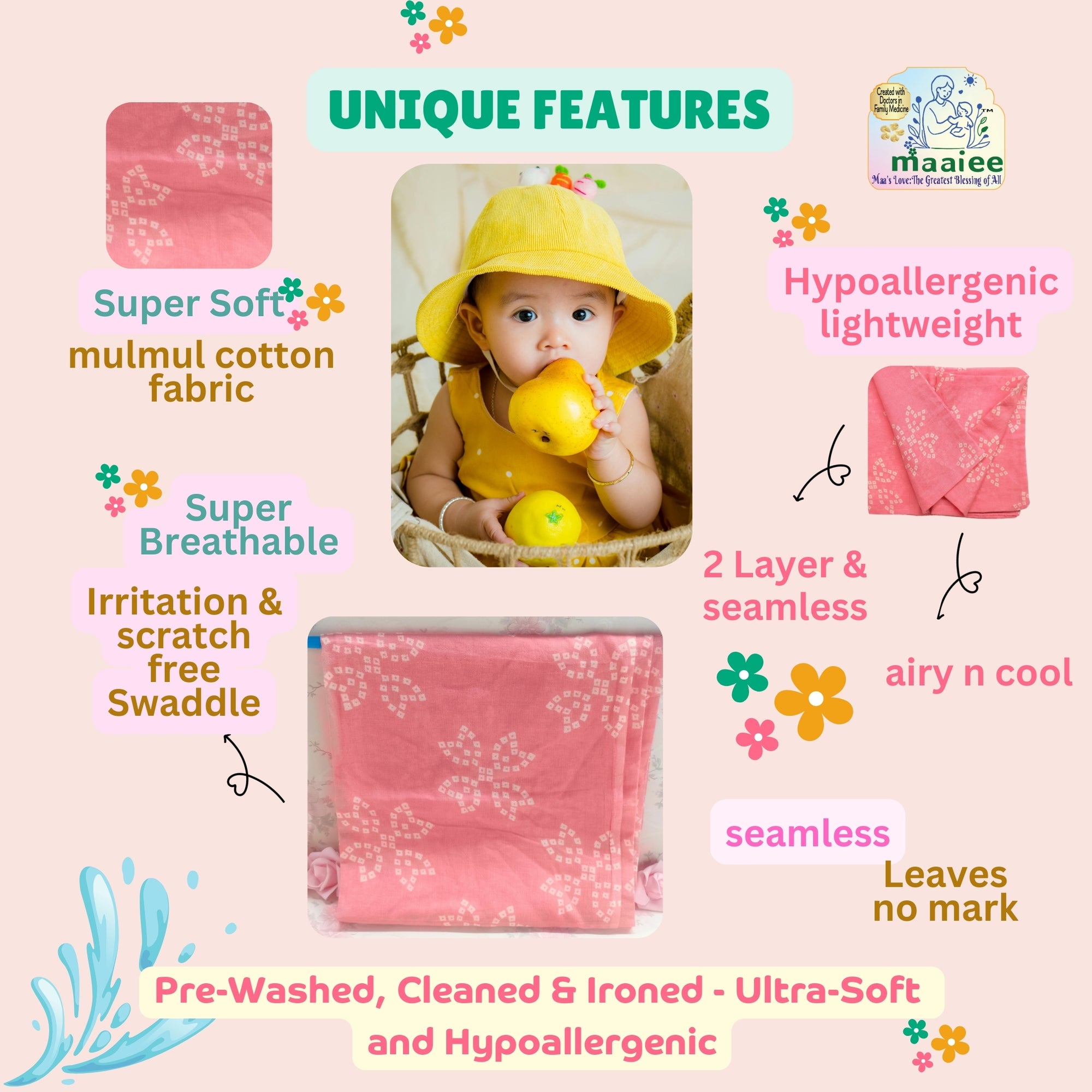 Mulmul Baby Swaddle & Wash Cloth Set [Rosebud Blossoms] | Premature Babies' Swaddle