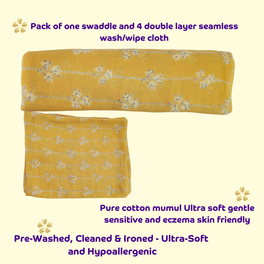 Mulmul Baby Swaddle & Wash Cloth Set [Golden Hugs]  | Premature Babies' Swaddle