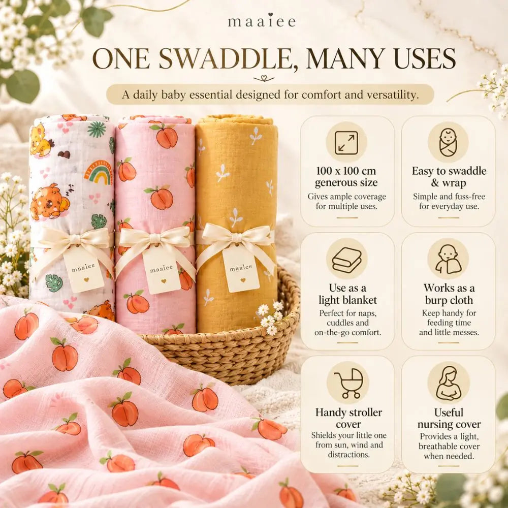 Maaiee Baby Essentials Gift Set | Hooded Towel, Swaddles & Reusable Wipes