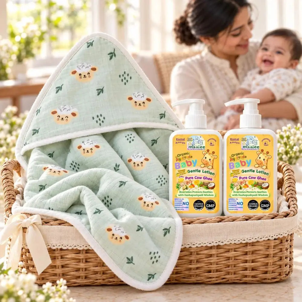 Aarunya Baby Gift Set – Organic Cow Ghee Lotions & Hooded Towel