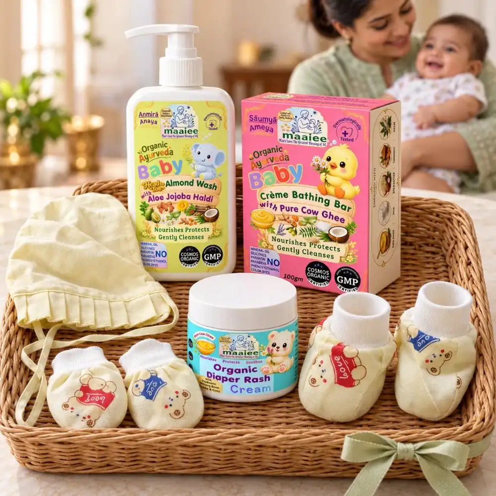 Komal Ivara Newborn Gift Hamper – Almond Wash, Neem Soap, Rash Cream, Cap, Mittens & Booties