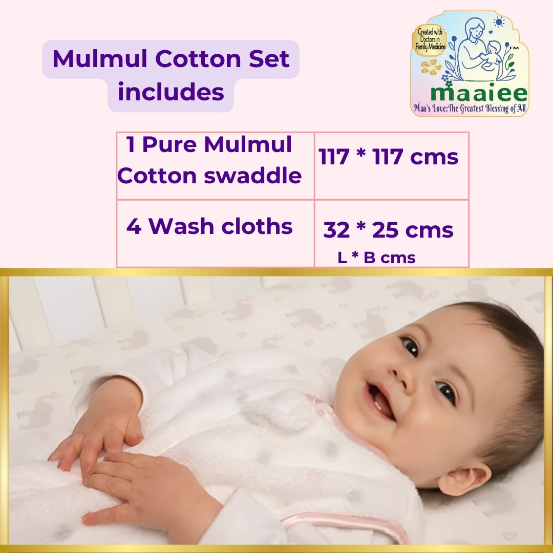 Mulmul Baby Swaddle & Wash Cloth Set [Golden Hugs]  | Premature Babies' Swaddle