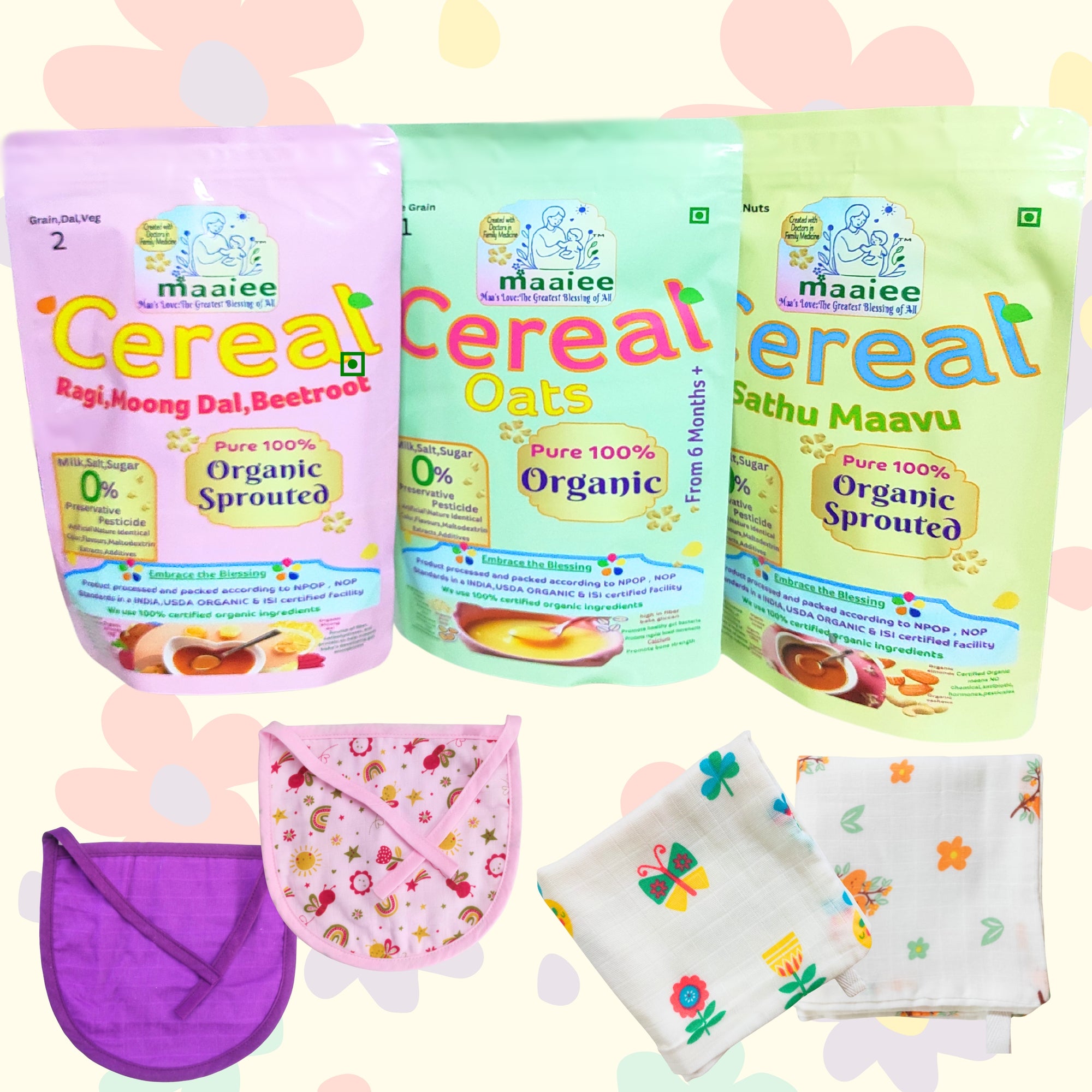 Organic Sprout Cereals [Saver Pack Of 3] – [Oats], [Ragi, Moong Dal & Beetroot], [Sathu Maavu]+ 2 Muslin Wipe + 2 Organic Bib