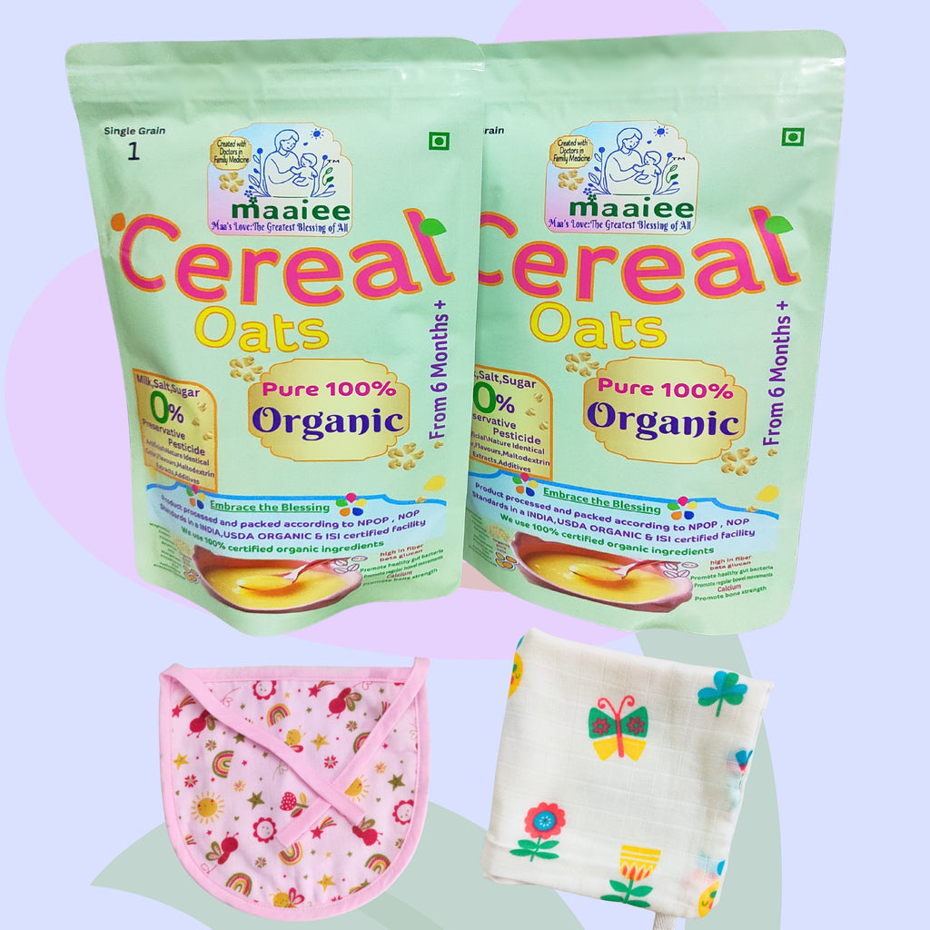 Organic Oats Cereal (Pack of 2)+ 1 Muslin Wipe+ 1 Organic Bib