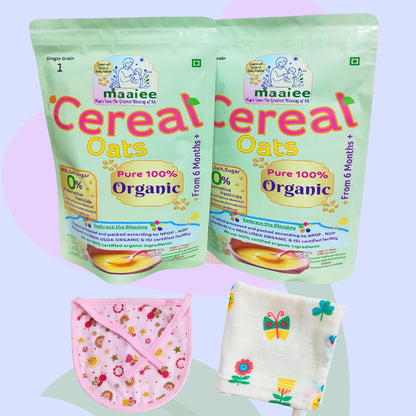 Organic Oats Cereal (Pack of 2)+ 1 Muslin Wipe+ 1 Organic Bib