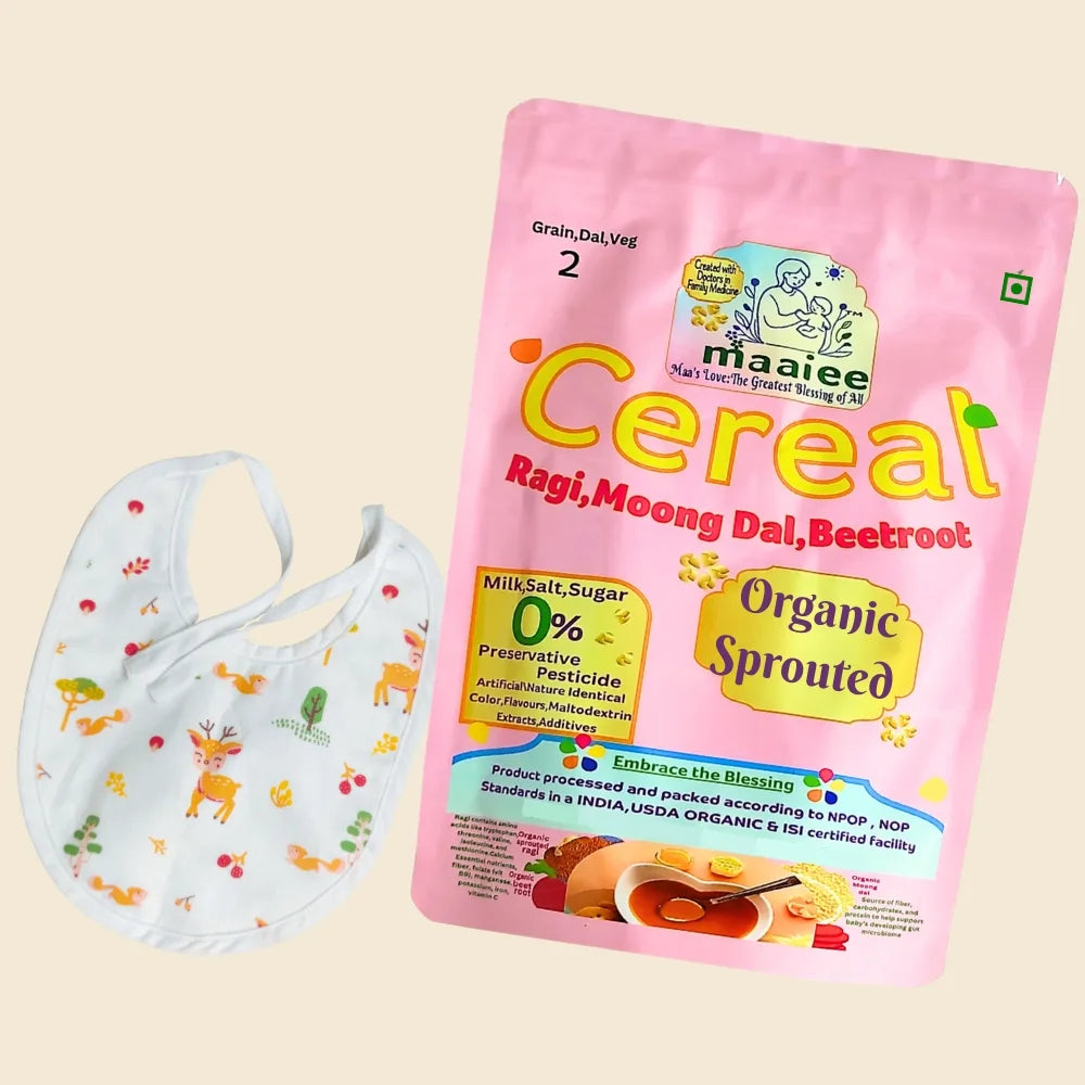 Ragi,Moong dal,Beetroot Organic Sprouted Cereal with Organic Bib
