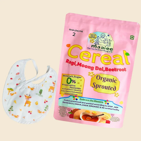Ragi,Moong dal,Beetroot Organic Sprouted Cereal with Organic Bib