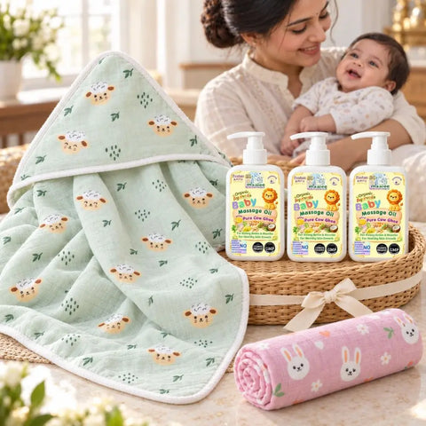 Maa Sparsh Infant Gift Hamper –  Dashapushpadi Cow Ghee Massage Oils, Towel & Swaddle