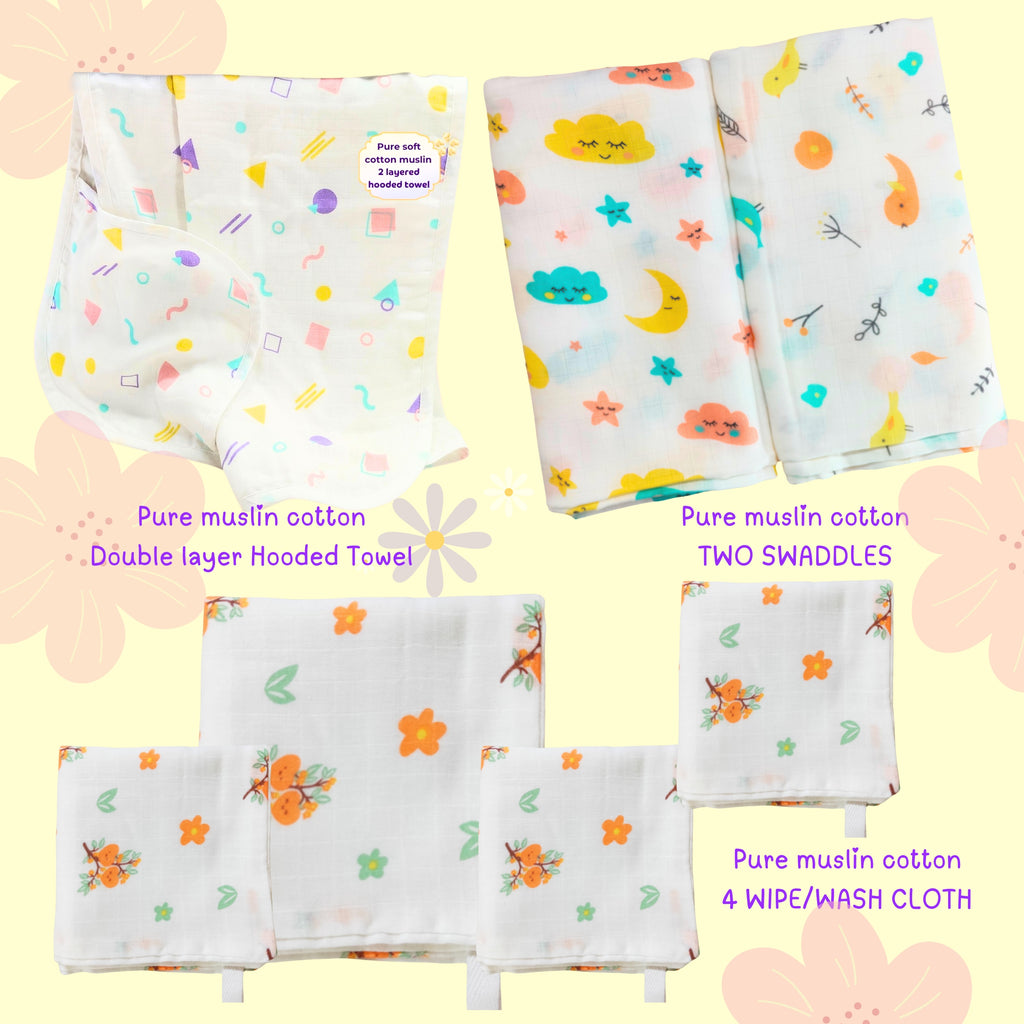 Set of baby towels and swaddles with pure muslin cotton, featuring various prints such as animals and geometric patterns, displayed on a white background.