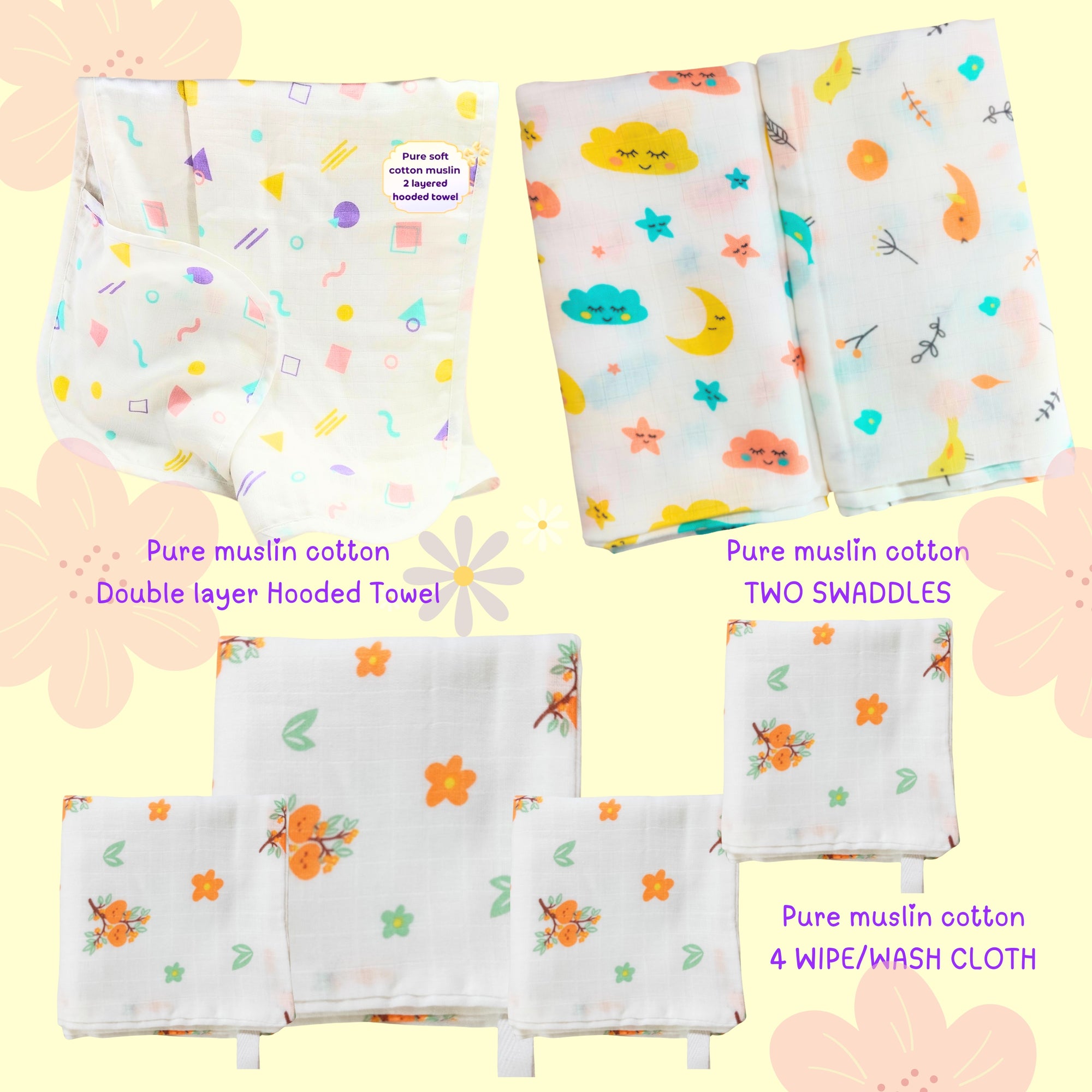 Set of baby towels and swaddles with pure muslin cotton, featuring various prints such as animals and geometric patterns, displayed on a white background.
