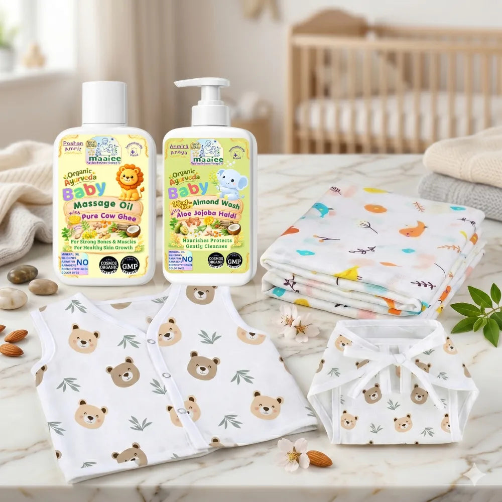 Maaiee newborn care set with Ayurvedic massage oil, baby wash, swaddle, jabla and nappy