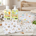 Maaiee newborn care set with Ayurvedic massage oil, baby wash, swaddle, jabla and nappy