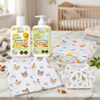 Maaiee newborn care set with Ayurvedic massage oil, baby wash, swaddle, jabla and nappy
