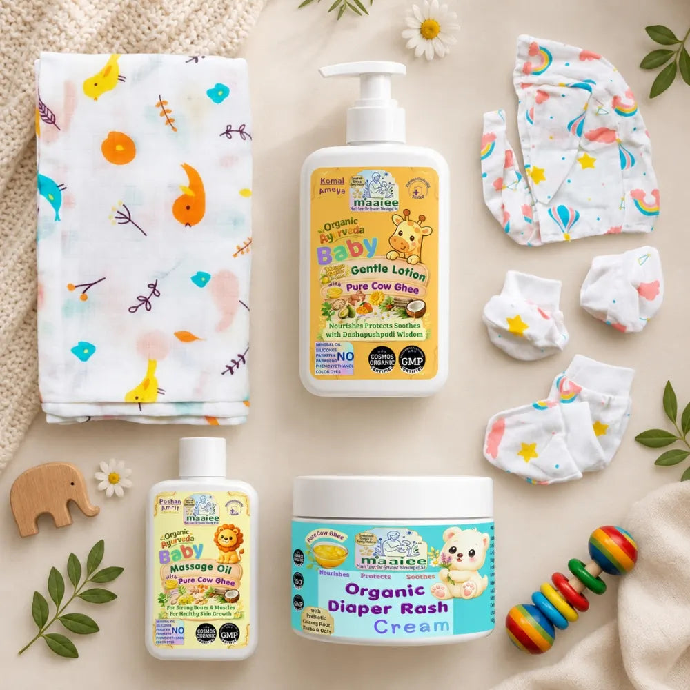 Maaiee newborn care set with cow ghee massage oil, lotion, diaper cream and baby clothing