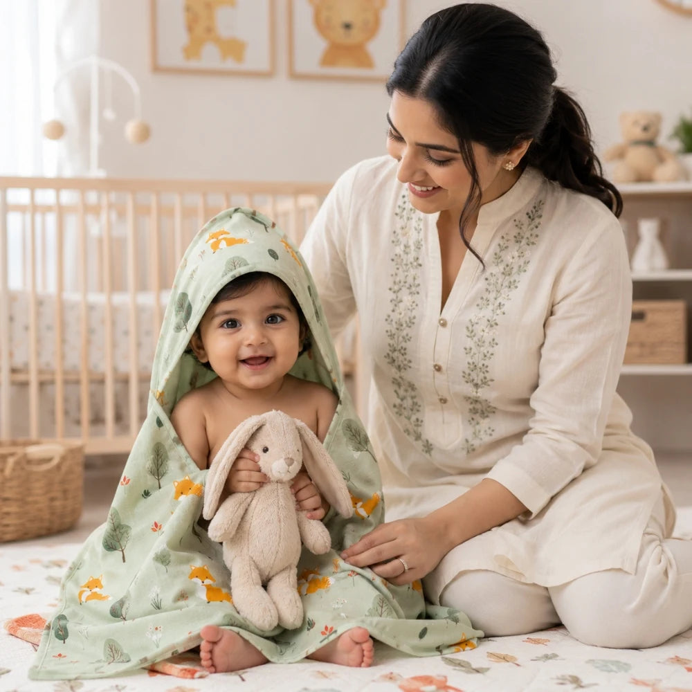 Maaiee baby care offer with complimentary hooded towel for newborn bath time