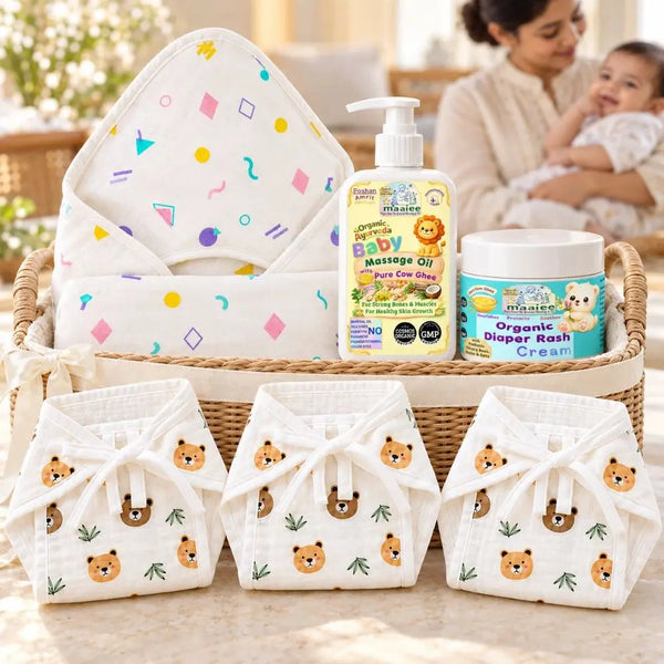 Swaagat Baby Hamper – Cow Ghee Massage Oil, Rash Cream, Hooded Towel & Nappy
