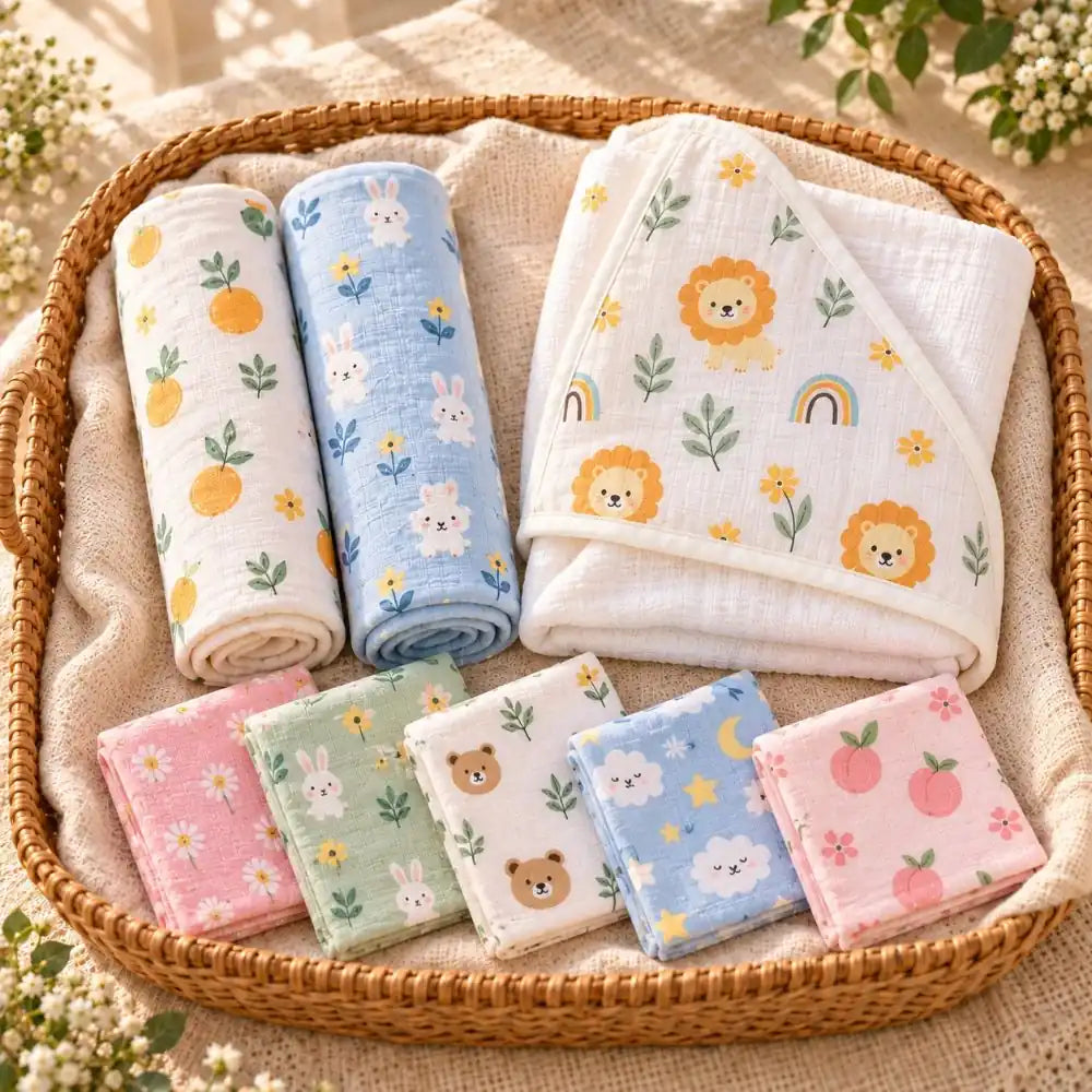 Maaiee Baby Essentials Gift Set | Hooded Towel, Swaddles & Reusable Wipes
