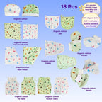 Maaiee newborn organic cotton 18-piece gift set in soft green and white prints
