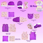 Maaiee newborn organic cotton 18-piece gift set in soft pink and purple prints