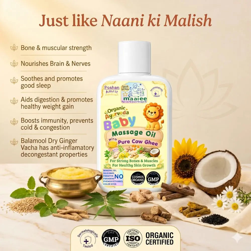 Maaiee baby massage oil for skin nourishment, calming massage rituals and gentle newborn comfort care