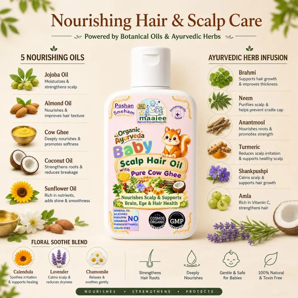 Maaiee baby hair oil with almond oil, Anantmool, cow ghee and gentle scalp nourishment for babies
