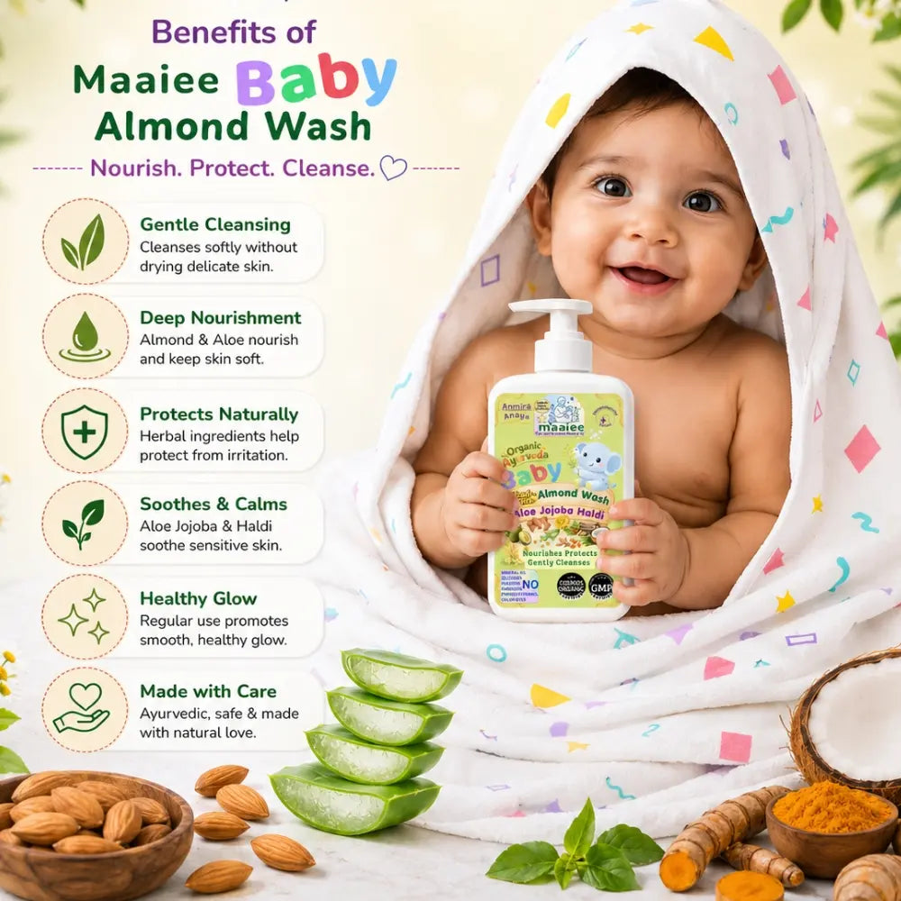 maaiee baby wash made with almond oil cucumber water and aloevera juice.
