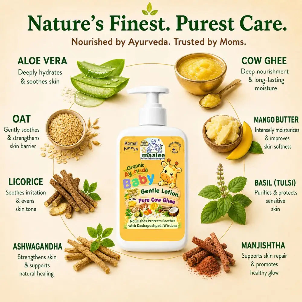 Maaiee baby lotion with cow ghee, Ashwagandha, Calendula, Dasapushpadi and gentle botanical hydration care