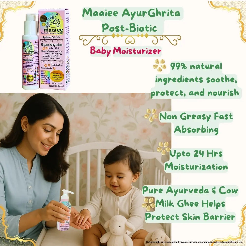 Maaiee organic ayur-ghrita baby lotion with cow ghee for gentle newborn care.