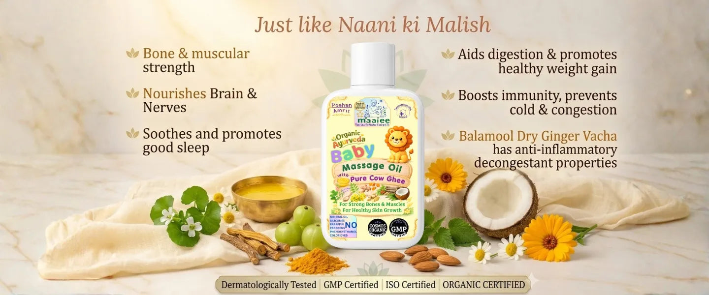 Maaiee baby massage ritual with nourishing Ayurvedic oils that helps promote relaxation, tummy comfort and overall wellbeing. Ideal for daily newborn massage and bonding routines.