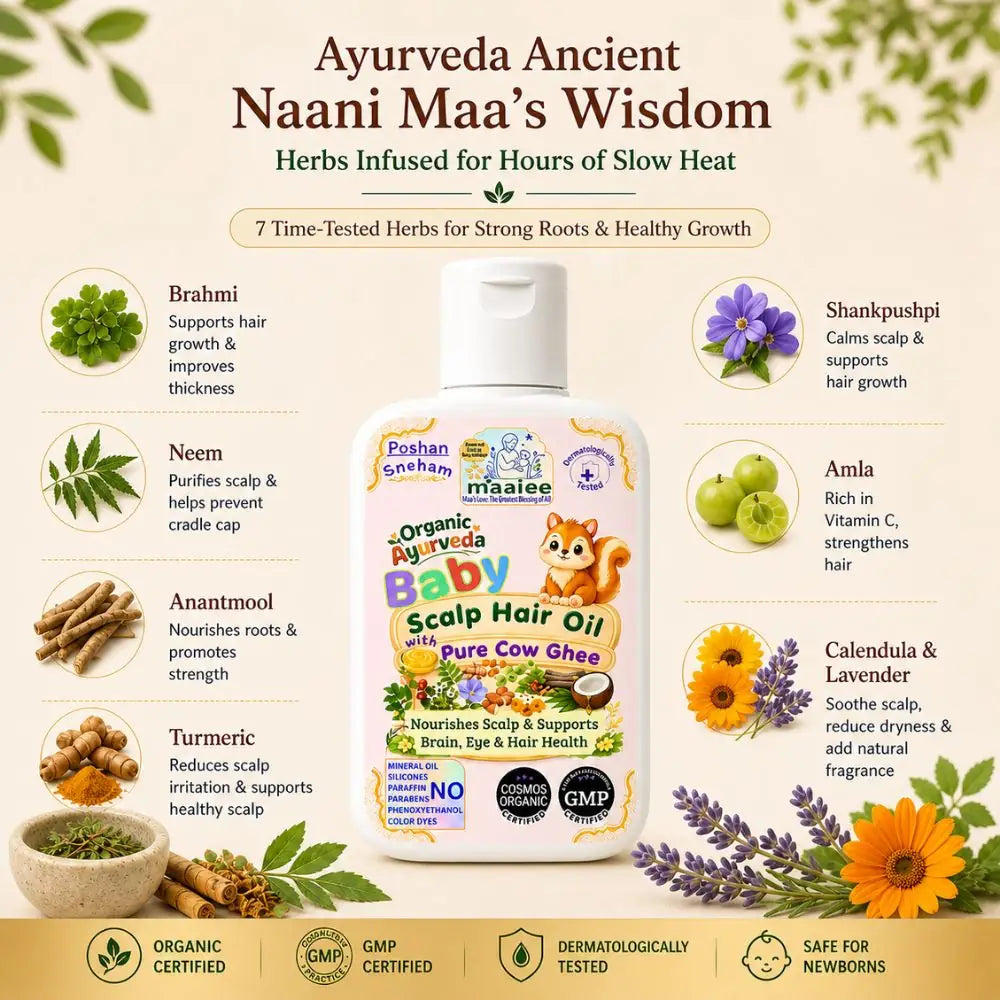 Maaiee baby scalp hair oil with Brahmi, Shankpushpi, Neem, Amla, Anantmool and cow ghee care