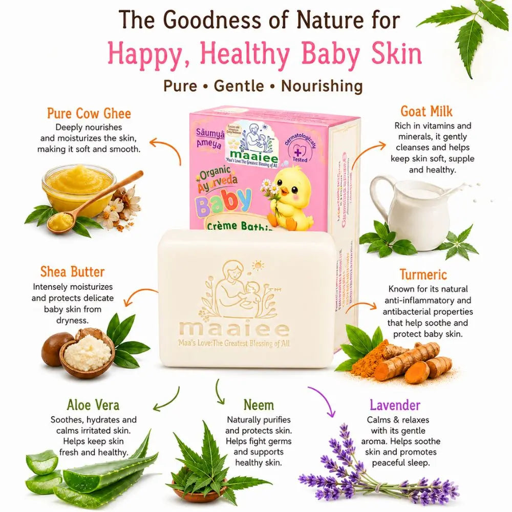 Maaiee baby cleansing bar with Ayurvedic herbs, neem, turmeric, aloe and gentle cow ghee skin care