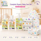 Premium newborn hamper featuring baby massage oil, hair oil, baby wash, muslin swaddles, hooded towel and wash cloths.
